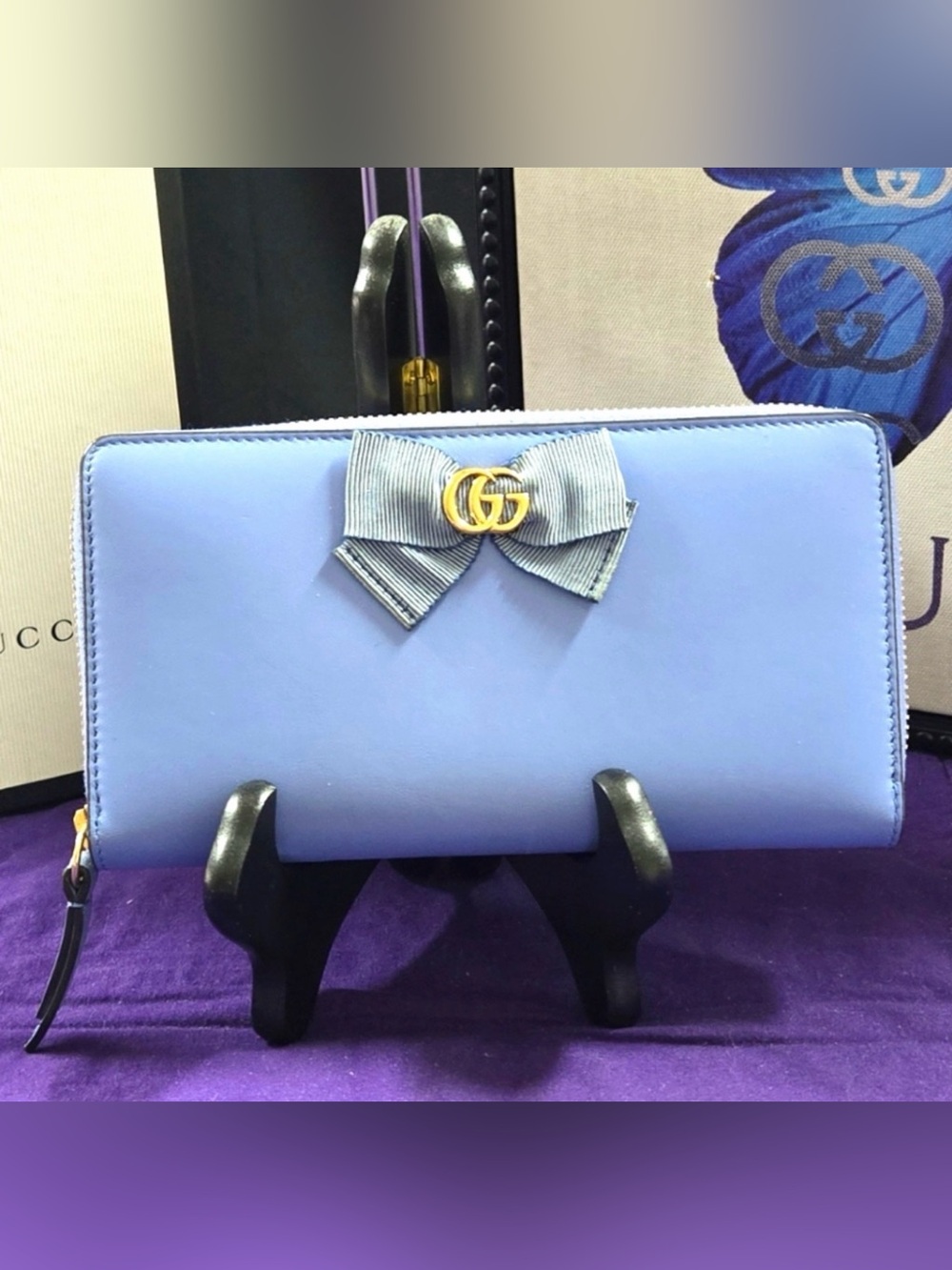 Gucci Light BlueJapan Exclusive Leather Bow Zip Wallet with Gold GG